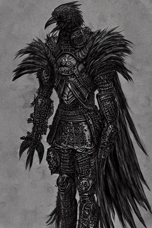 Image similar to armoured raven humanoid monster, crows feet, symmetrical, highly detailed, digital art, black feather armour, sharp focus, trending on art station, kentaro miura manga art style