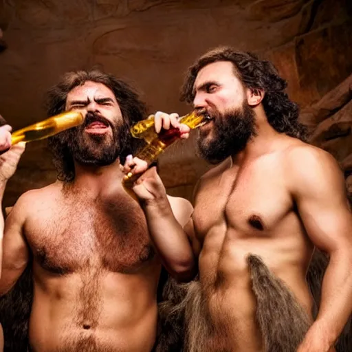 Prompt: cavemen in suites chugging alcohol in real life, intricate, highly detailed, detailed, hyper realistic, 4 k, 8 k uhd, realistic, great detail