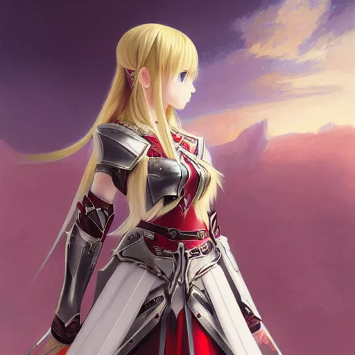Prompt: of Asuna Yuuki, young woman with blonde hair and bangs and side braids wearing a partial paladin armor with a red skirt and white top, dark fantasy, medium shot, intricate, elegant, highly detailed, digital painting, volumetric light, artstation, concept art, smooth, sharp focus, illustration, art by Gil Elvgren and Greg Rutkowski and Alphonse Mucha