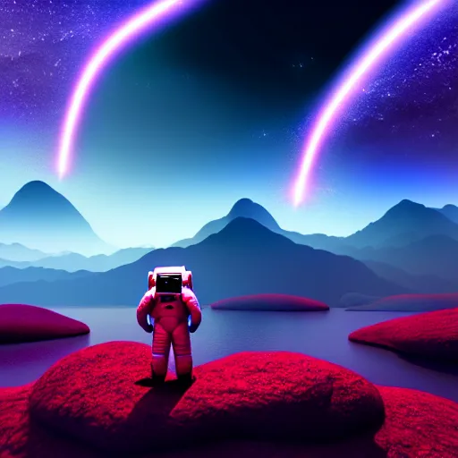 Image similar to astronaut finding a flower on an alien planet with mountains, water, strange clouds, hyper realistic, dramatic lightning, ray tracing, high resolution photo, 8 k