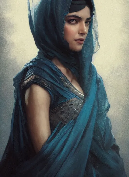 Image similar to a Photorealistic dramatic hyperrealistic render of an arab ameera al taweel, blue eyes, black hair, white veil,by WLOP,Artgerm,Greg Rutkowski,Alphonse Mucha, Beautiful dynamic dramatic dark moody lighting,shadows,cinematic atmosphere,Artstation,concept design art,Octane render,8K