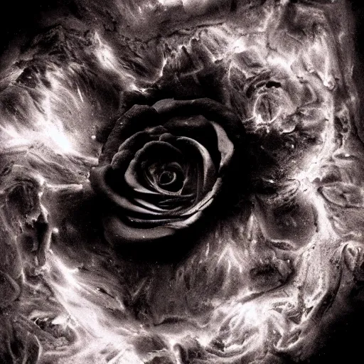 Prompt: outstanding, award - winning macro of a beautiful black rose made of fiery molten magma and nebulae on vantablack background by harold davis, georgia o'keeffe and harold feinstein, highly detailed, hyper - realistic, mysterious inner glow, trending on deviantart, artstation and flickr, nasa space photography, national geographic