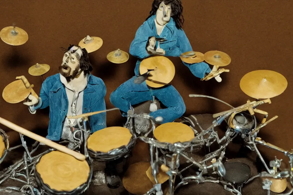 Image similar to a claymation film still of a curly long hair drummer playing the drum set. claymation by bruce bickford