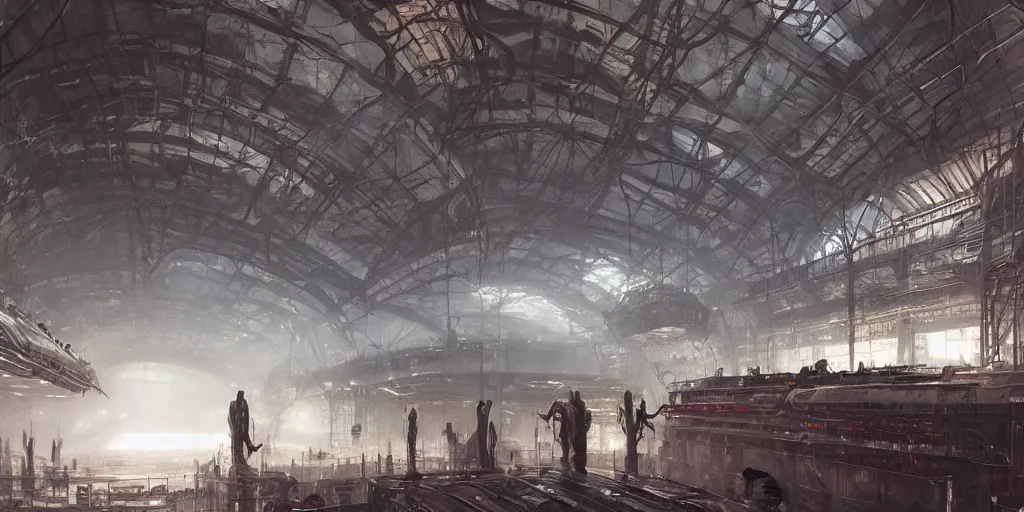 Prompt: a vast indoor growing operation on the edge of space, in a massive cavernous iron city, dappled light, tudor architecture, flags, colossal arcing metal structures high in the cavernous metal interior, sci - fi, beautiful, awe inspiring, by james gurney, greg rutkowski, sparth, thomas kinkaide, cinematography, cinematic masterpiece