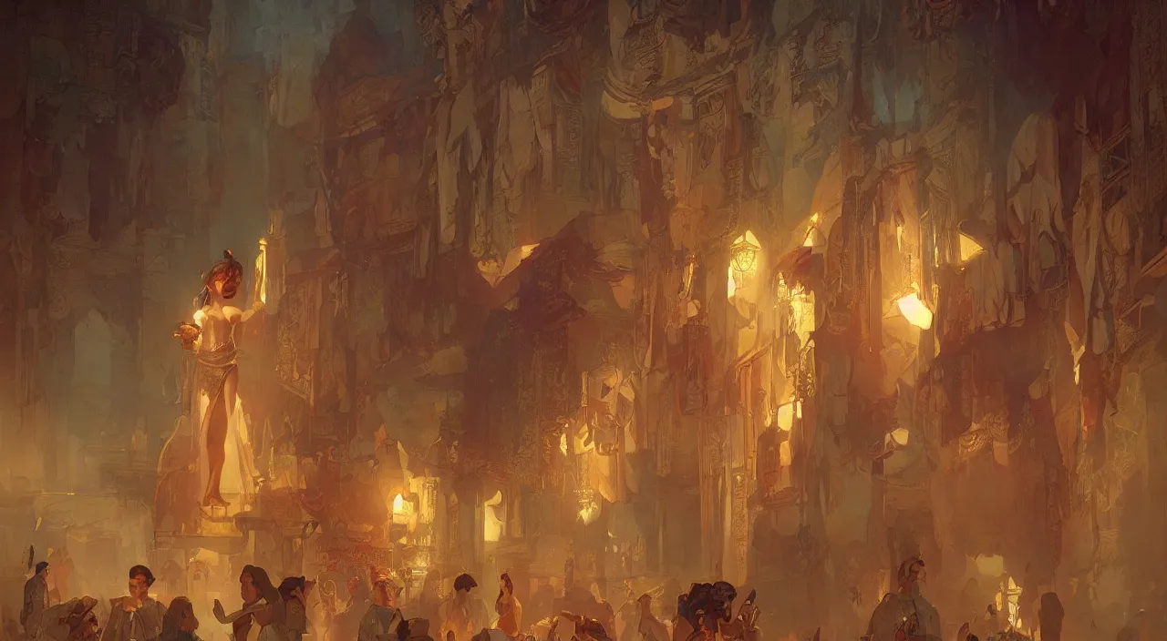 Image similar to bazaar zouk old egypt sky shine digital painting, artstation, concept art, illustration, cinematic lighting, art by artgerm and greg rutkowski and alphonse mucha