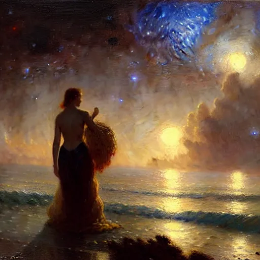 Image similar to night, the ocean, the milk way galaxy. highly detailed painting by gaston bussiere, greg rutkowski 8 k