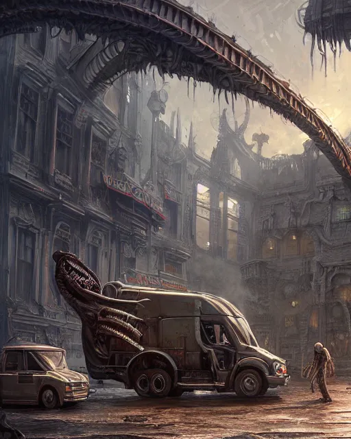 Image similar to xenomorph truck in a robust fantasy village, calming, uplifting mood, ultra realistic, factory, funny, small buildings, highly detailed, epic lighting, illuminated, cinematic, morning, art by eddie mendoza