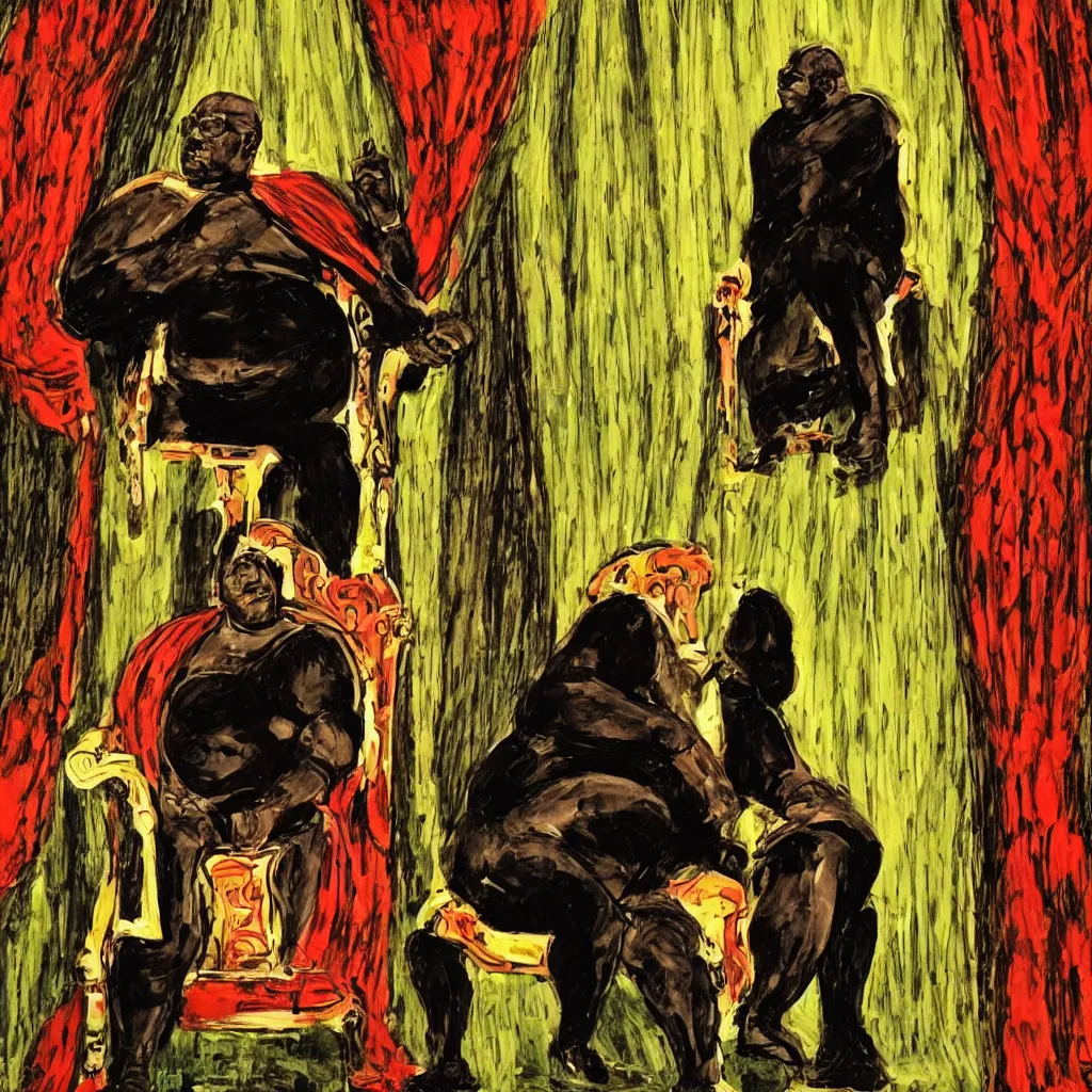 Image similar to style of frank miller, portrait of big black man sitting on throne, background made of big curtains