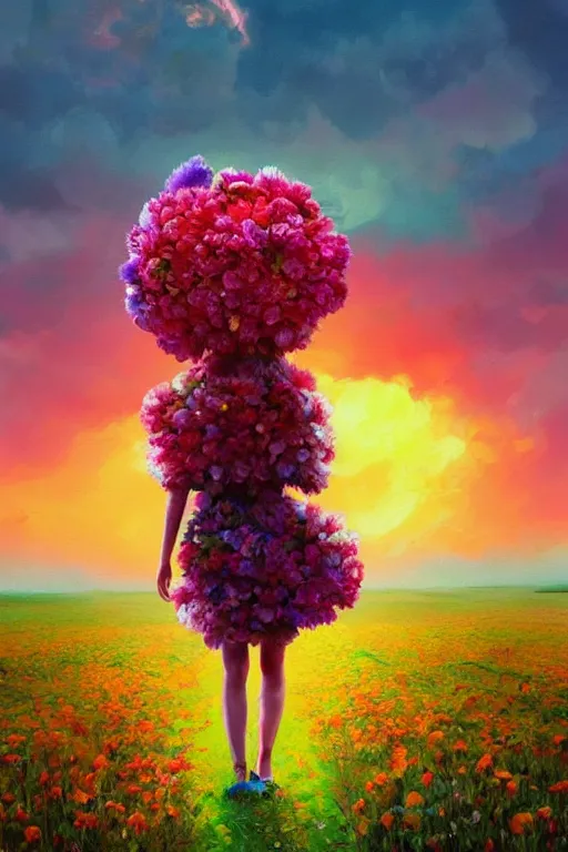 Image similar to giant flower head, girl walking in a flower field, surreal photography, sunrise, dramatic light, impressionist painting, colorful clouds, digital painting, artstation, simon stalenhag