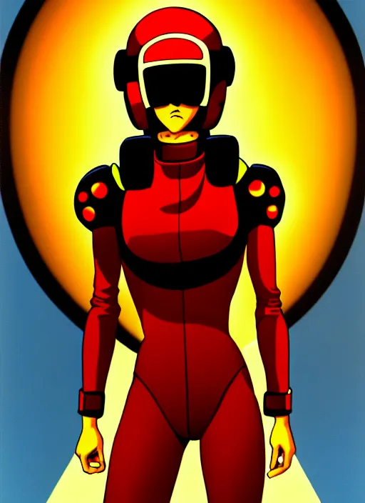 Image similar to Portrait of a female mech pilot in a latex bodysuit, 90s anime, cel-shaded, highly detailed, dramatic background, complementary lighting, poster