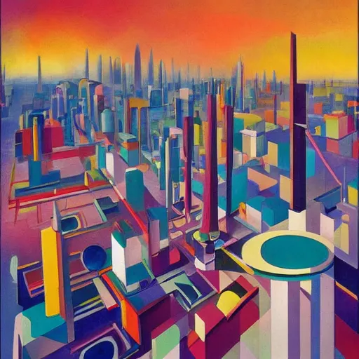 Prompt: an art deco city of the future, painted by wassily kandinsky and aaron jasinski, trending on artstation