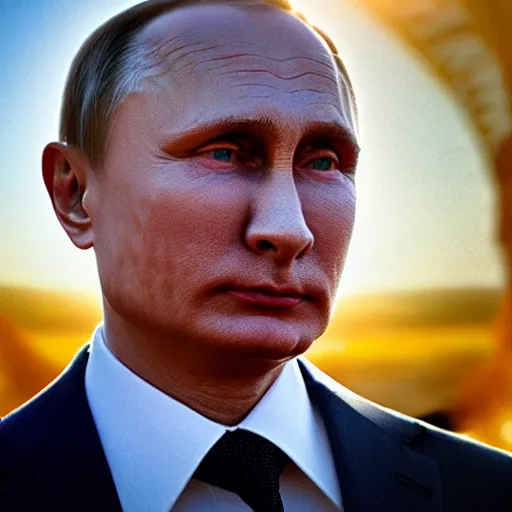 Image similar to sad Vladimir Putin, fish eye lens, award winning, golden hour