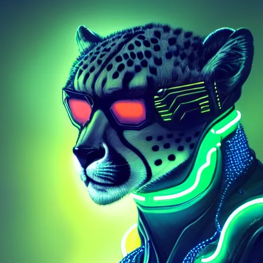 Image similar to a beautiful commission of a male anthropomorphic cheetah wearing a neon jacket,futuristic,detailed face,character design by charles bowater,mohawk,cyberpunk style,deviantart,artstation,art by greg rutkowski,ross tran,professional lighting,neon city,night,raytracing,rtx,highly realistic,4k,dramatic,hyperrealism