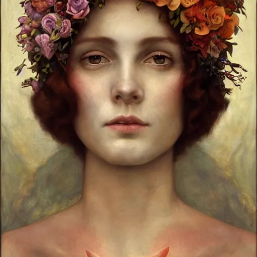 Image similar to flower queen, by annie swynnerton and tino rodriguez and charlie bowater and tom bagshaw and nicholas roerich and jean delville and evelyn de morgan and lucien freud, dramatic lighting, floral tattoos, rich colors, smooth sharp focus, extremely detailed, adolf wolfli