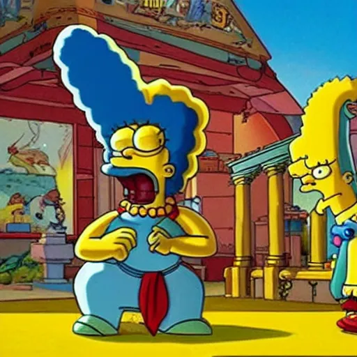 Image similar to An epic cinematic film still of the Simpsons Movie.