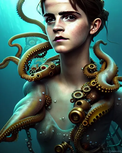 Image similar to underwater steampunk biopunk portrait of emma watson, octopus, au naturel, hyper detailed, digital art, trending in artstation, cinematic lighting, studio quality, smooth render, unreal engine 5 rendered, octane rendered, art style by klimt and nixeu and ian sprigger and wlop and krenz cushart.