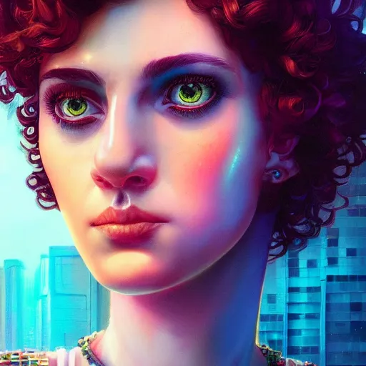 Prompt: Lofi vaporwave cyberpunk portrait beautiful woman with short brown curly hair, roman face, rainbow, Pixar style, Tristan Eaton, Stanley Artgerm, Tom Bagshaw