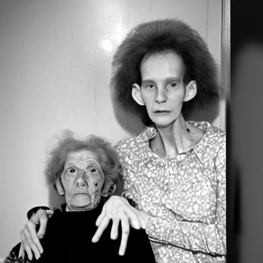 Image similar to alien is photographed with his beloved grandmother, soviet apartment, top secret style, realistic photo, 1 9 7 0 s, color