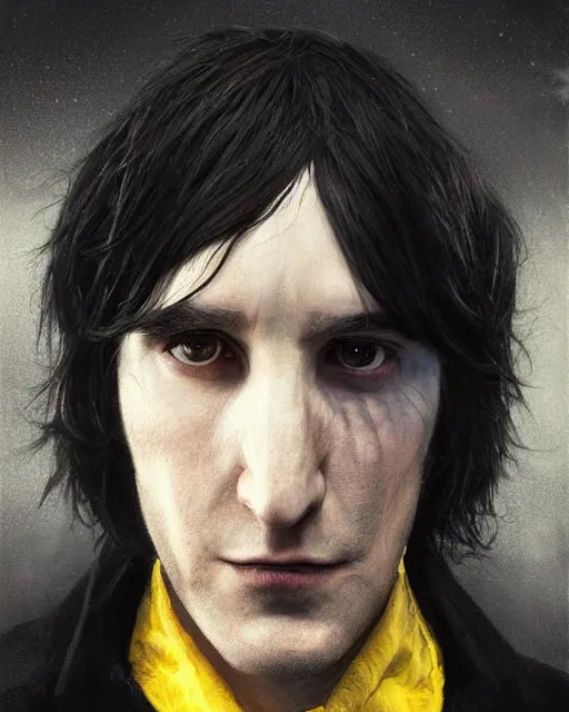 Image similar to portrait of a 3 2 - year - old man wearing black clothes, snape severus, with black, greasy, mid - length hair, hooked nose, dark brown eyes, yellow uneven teeth, hyper realistic face, beautiful eyes, fantasy art, in the style of greg rutkowski, intricate, hyper detailed, smooth