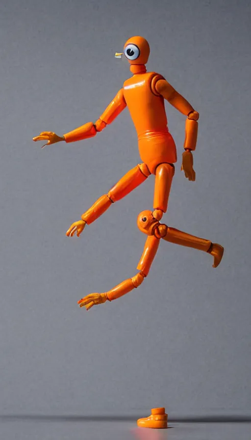 Prompt: a single striding slender action figure of a tall giant inflated hazmat suit wearing man with long bendy arms and legs, googly eyes, tareme eyes, small head, personification, dynamic pose, detailed product photo, tone mapped, beautiful composition, orange mist swirling at feet, 8 5 mm, f 5. 8