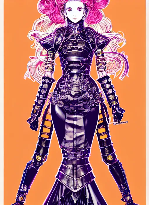 Prompt: genshin impact highly detailed terada katsuya artgerm artstation minaba hideo manga poster of princess mechine, long hair, armor, dress, laces, ruffles, 8 k, fluorescent, maximalist, jump comics, tomer hanuka,