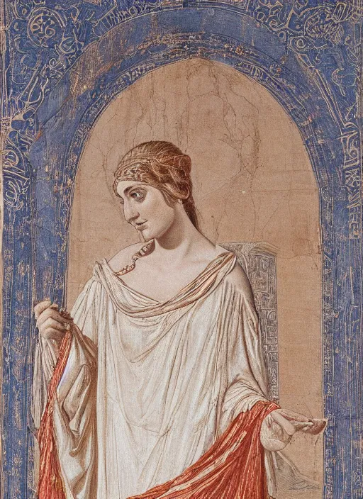 Prompt: Portrait of a beautiful priestess from the oracle of Delphi, looking into the flames, greek fabric