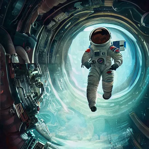 Image similar to an epic portrait of an astronaut entering the magical rabbit hole of wonderland, cinematic lighting, trending on Artstation, highly detailed, insane details