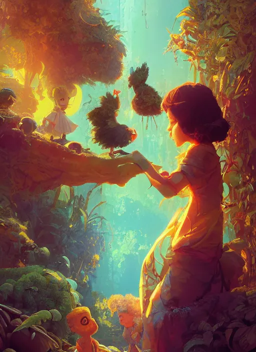 Image similar to a hen and her two children in a colorful movie by nuri iyem, james gurney, james jean, greg rutkowski, anato finnstark. pixar. hyper detailed, 5 0 mm, award winning photography, perfect faces