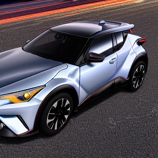Image similar to toyota chr on a midnight road, hyperrealistic render