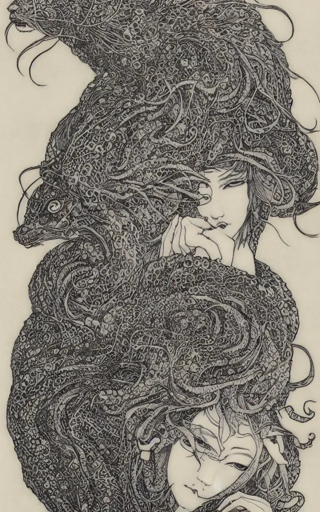 Prompt: delicate wolf spirit drawn by Takato Yamamoto, mystic eyes, clean ink detailed line drawing, intricate detail drawing, portrait