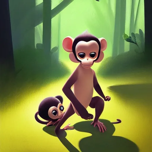 Prompt: goro fujita ilustration a real life baby monkey walking in the forest, painting by goro fujita, sharp focus, highly detailed, artstation