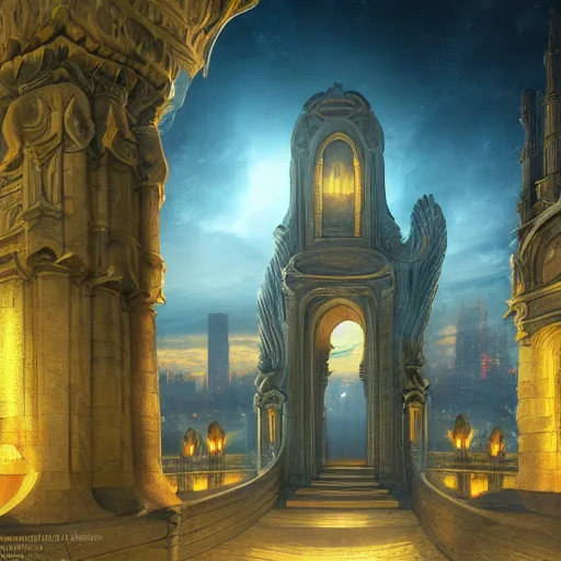 Prompt: carved futuristic gateway at the end of ancient ornate steps with a wide view of city which details the vast architectural scientific and cultural achievements of all humankind, complex composition, molecules, renato muccillo, andreas rocha, jorge jacinto, damian kryzwonos, ede laszlo, artstation, digital art, high contrast, cinematic blue and gold