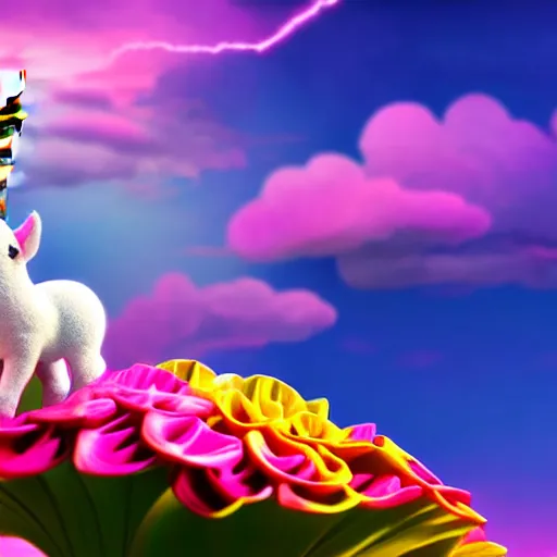 Image similar to very cute and tiny unicorn cat on Dahlia flower flying atop pink clouds, sky background, pixar style, cinematic lightning, award winning creature photography