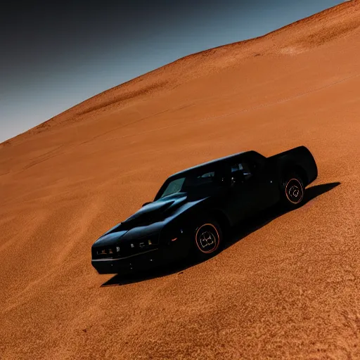 Image similar to kitt the incredible car black transam cruising the desert at magic hour, 8K