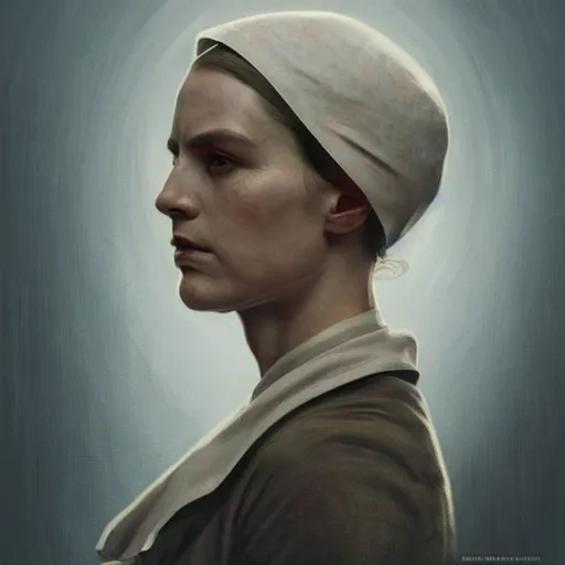 Image similar to portrait of a dystopian woman wearing an outfit inspired by the handmaid ’ s tale ( 2 0 1 7 ), intricate, headshot, highly detailed, digital painting, artstation, concept art, sharp focus, cinematic lighting, digital painting, art by artgerm and greg rutkowski, alphonse mucha, cgsociety