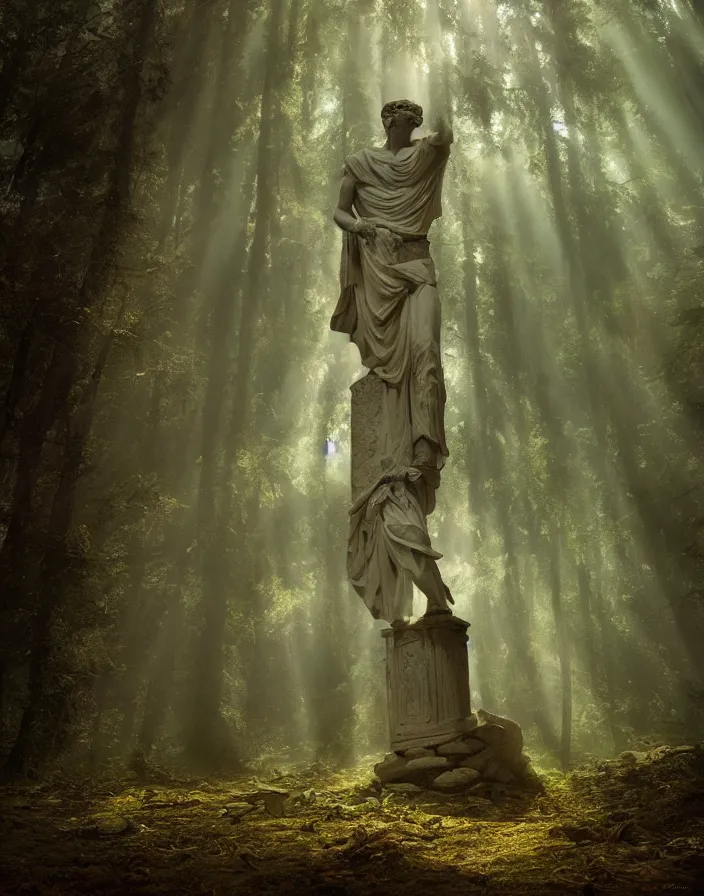 Prompt: an ancient greek statue lost in a gigantic forest by ivan dedov, painting, cinematography, epic lighting, volumetric, fog, god rays