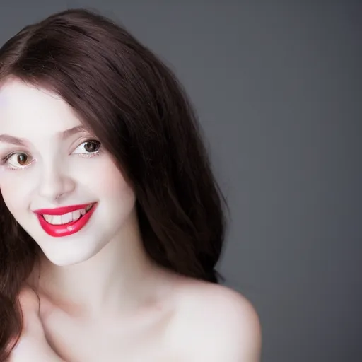 Image similar to beautiful young pale brunette vampire woman smiling, photoshoot, 30mm, Taken with a Pentax1000, studio lighting