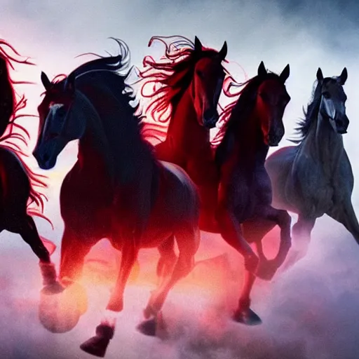 Prompt: four horsemen of the apocalypse, cinematic, red tones, eclipse