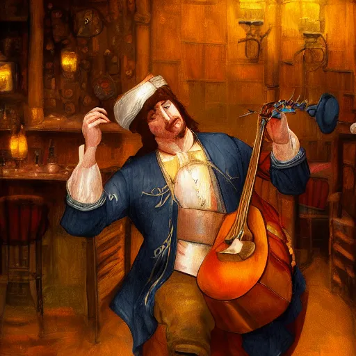 Prompt: a fantasy painting of a well dressed bard playing a song for the raucous tavern, moody lighting, 4k