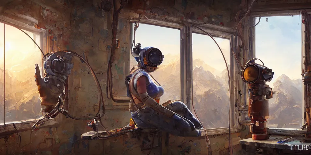 Image similar to highly detailed portrait painting of welder girl, room mono window, by eddie mendoza and tyler edlin, 8 k resolution