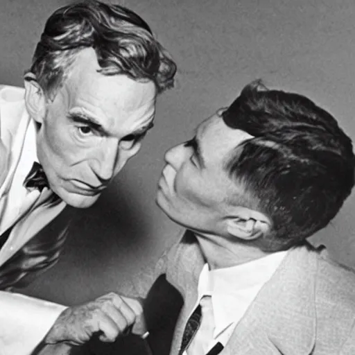 Image similar to bill nye the science guy punching Robert Oppenheimer