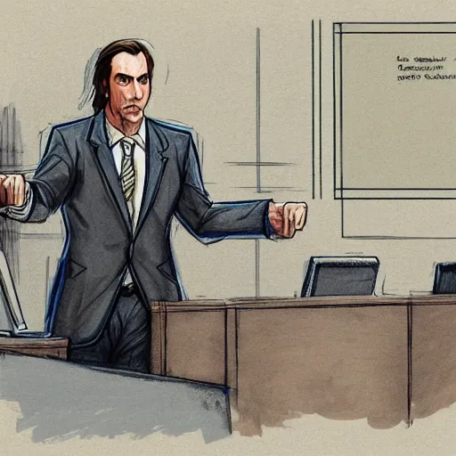 Image similar to saul goodman defending ulfric stormcloak in court, jury, judge, business suit, formal, attorney, skyrim, illustration, sketch