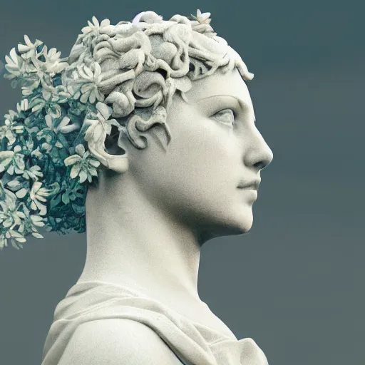 Image similar to an idealistic marble statue with flowery hair in a fractal garden, unreal engine, 8k render, beautiful, full frame,