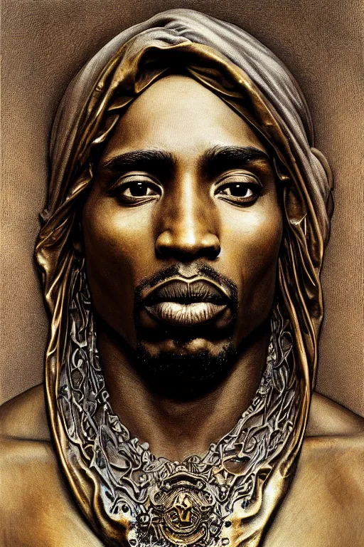 Prompt: tupac street king by zdzisław beksinski, iris van herpen, raymond swanland and alphonse mucha, highly detailed, hyper - real, handsome bronze brown skin, face centered portrait, smooth polished porcelain, art nouveau, ornate thug prophet icon with heavy patina, ultrasharp hyperdetailed photorealistic octane render