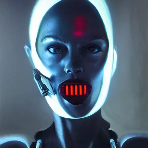 Image similar to hyperrealism oil painting portrait of cyberpunk cyborg fashion model with glowing eyes