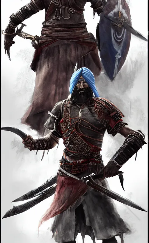 Image similar to a portrait of indian sikh warrior with double sword, bloodborne concept art, highly detailed, cinematic lighting