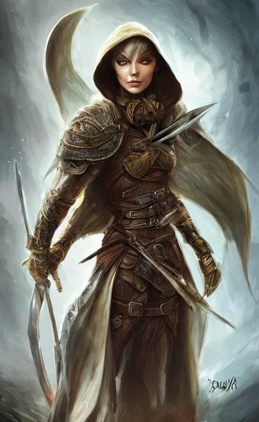 Image similar to a hooded female ranger, d & d, full body, 8 k, hyperrealistic, dragon slayer, hyperdetailed, fantasy portrait by laura sava