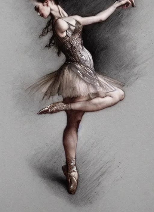 Image similar to a beautifull intricate pencil painting of a dancing ballerina, reflexions, verry high details by william turner art, greg rutkowski and alphonse mucha, trending on artstation, very very detailed, masterpiece, muted colors