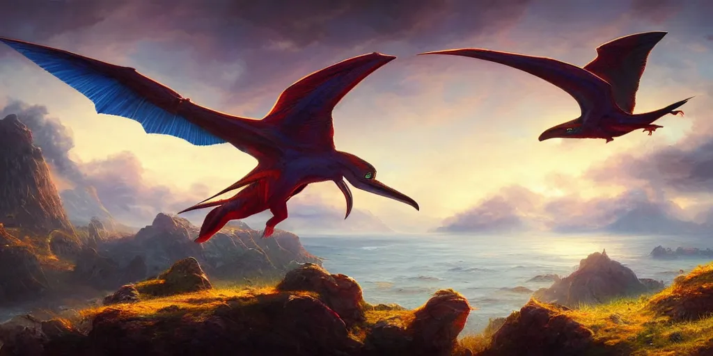 Image similar to ultra realistic colorful pterodactylus beautiful dreamy landscape, dream, colors, highly detailed, artgerm style, clear, ocatne render, artstation trend, epic art style, greg rutkowski, cinematic, concept art, 8 k hd