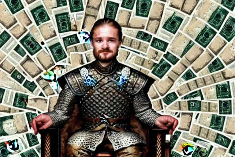 Image similar to man sitting, on a throne made of money, coins and dollars, in the style of game of thrones